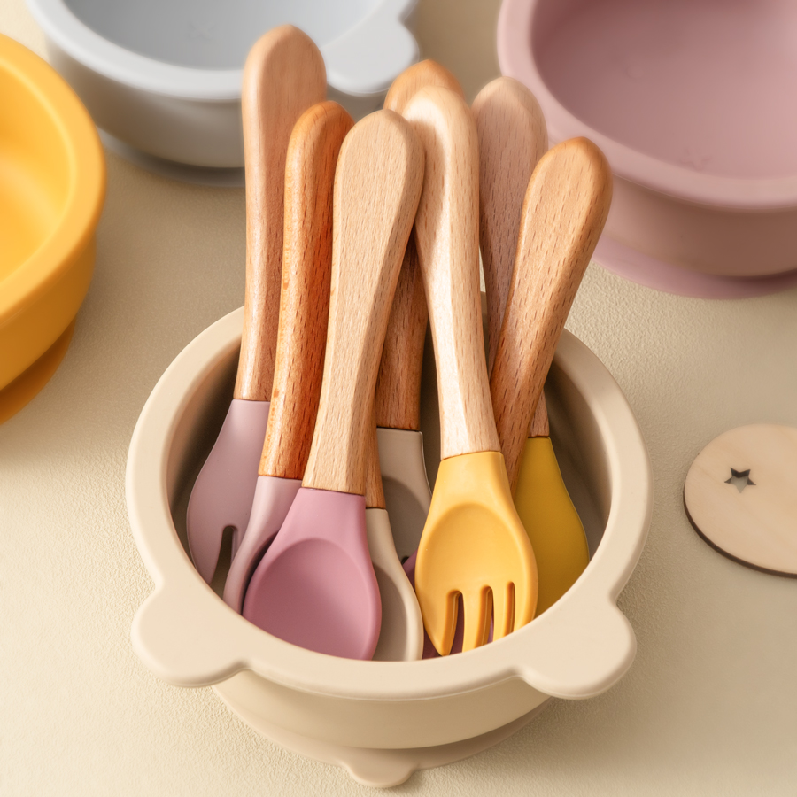 Baby Food Lunch - Mamaplan Silicone Baby Spoon Fork Wooden